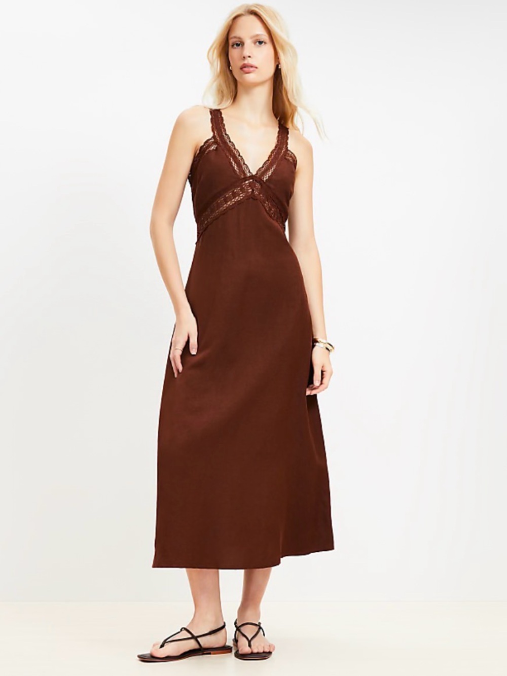 LOFT Brown Lace-Trim Midi Slip Dress